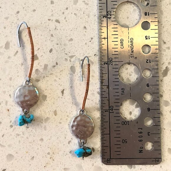 Handmade Mixed Metal & Turquoise Dangle Earrings – Boho Artisan - Picture 2 of 2